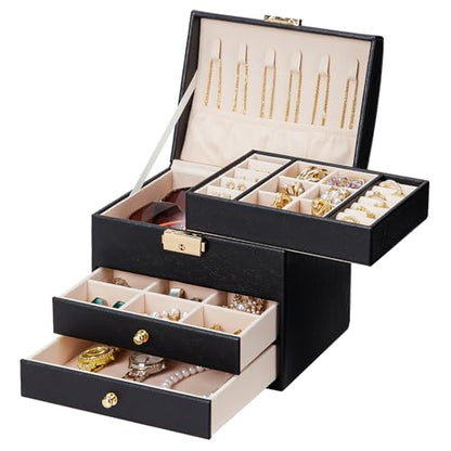Homde Small Jewelry Box for Girls: 3-Layer Lockable Organizer(Black) - color: Graphite Black