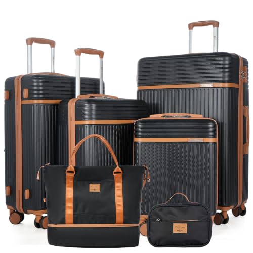 Travelhouse 6-Piece ABS+PC Hardside Luggage Set with Spinner Wheels - color: BLACK, size: 6 piece set