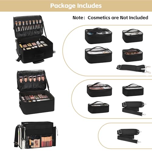 TANTO Rolling Makeup Bag, Pro Makeup Artist Bag with 7 Pouch & Tote Bag - color: 03-Black（3 in 1）