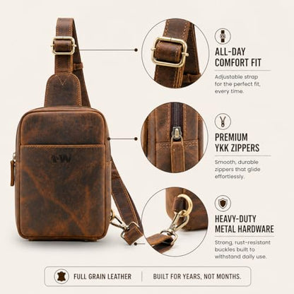 Handmade World Leather Sling Bag for Men – Anti-Theft Travel Crossbody, Compact EDC Chest Bag, Fits Passport & Phone, Full Grain Leather