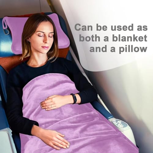 Travel Blanket and Pillow Compact, Premium Soft 2 in 1 Airplane Blanket with Soft Bag Pillowcase，Hand Luggage Sleeve and Backpack Clip (Solid Purple) - color: Purple