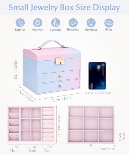 Homde Small Jewelry Box for Girls: 3-Layer Lockable Organizer (Blue-Pink) - color: Blue-Pink Gradient