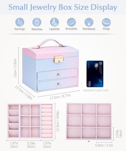 Homde Small Jewelry Box for Girls: 3-Layer Lockable Organizer (Blue-Pink) - color: Blue-Pink Gradient