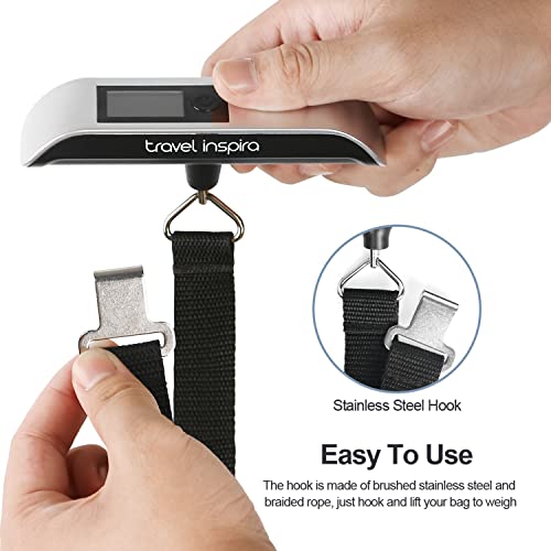 travel inspira Luggage Scale, Portable Digital Hanging Baggage Scale for Travel, Suitcase Weight Scale with Rubber Paint, 110 Pounds, Battery Included - color: Silver
