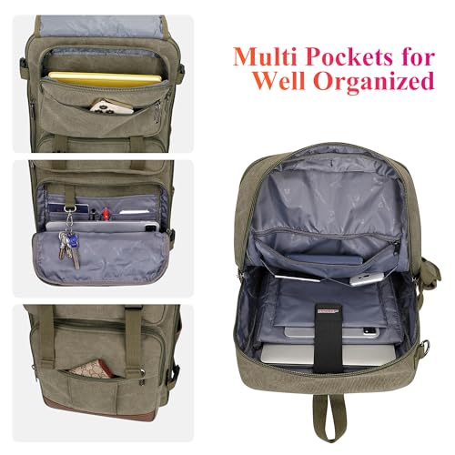 WITZMAN Canvas Travel Backpack for Men Large Laptop Backpack Fits 16 Inch - color: Army Green