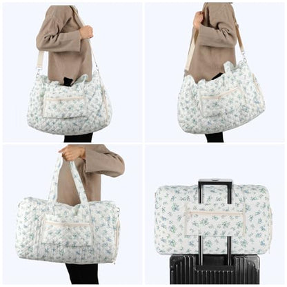 Quilted Floral Duffle Bag for Women Weekender Overnight Travel Bag - color: Cyan Print