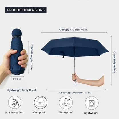 Mini Umbrella for Purse with Case, Sturdy Travel Essentials, UV Sun Protection Lightweight Compact Manual Open Close, Tiny Pocket Fits Purse Backpack, Women Kids Men - color: Navy Blue