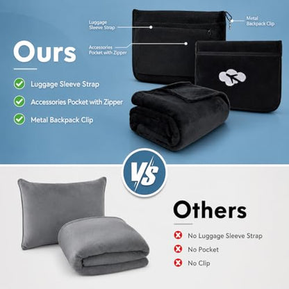 Nerien Blanket Pillow for Airplane Travel Essentials -3 in 1 Plane Travel Set Black - color: Black
