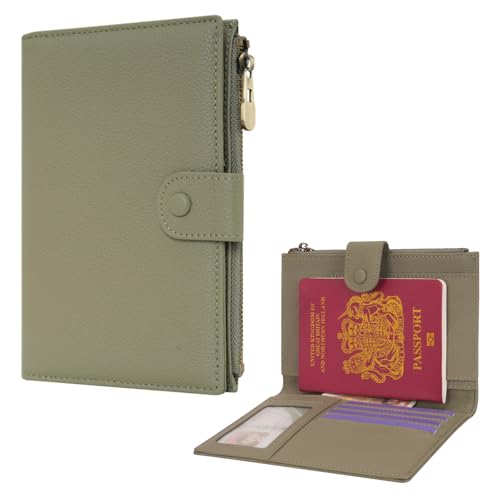 Leather Passport Cover Wallet Travel Essentials Holder with Zipper Pocket - color: Light Green