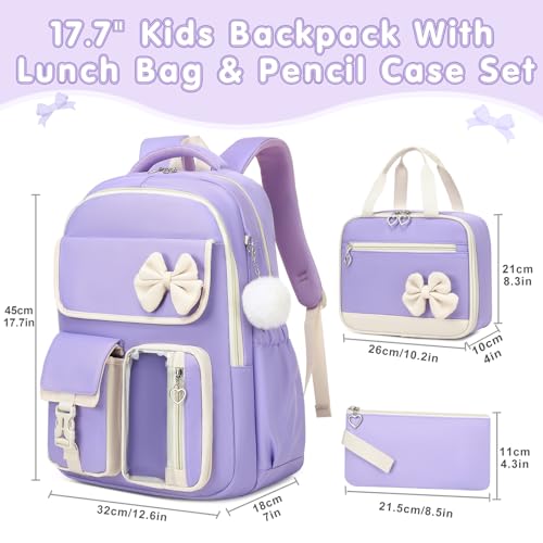 GeeWin Girls Backpack for School Cute Bow with Lunch Box & Pencil Case Set - color: Purple Beige