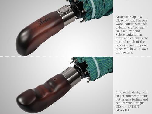 Balios Folding Umbrella Real Wood Handle Auto Open Close - color: Herringbone Jade Green