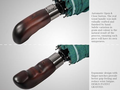 Balios Folding Umbrella Real Wood Handle Auto Open Close - color: Herringbone Jade Green
