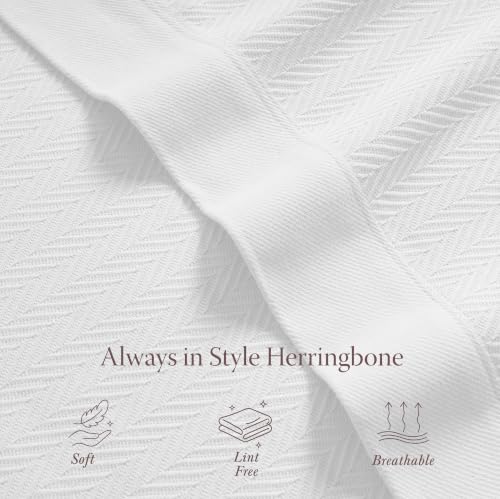 Threadmill Luxury 100% Cotton Queen Herringbone Blanket, Bright White - color: Bright White, size: Queen (90" x 92")