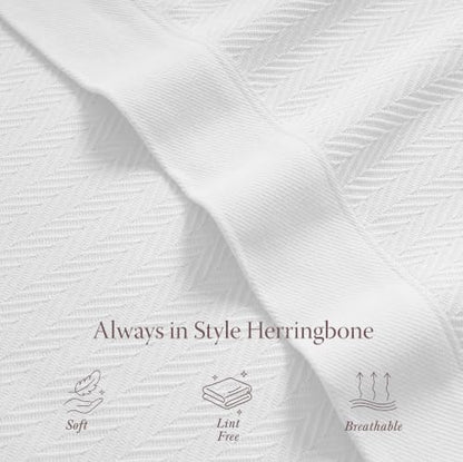 Threadmill Luxury 100% Cotton Queen Herringbone Blanket, Bright White - color: Bright White, size: Queen (90" x 92")