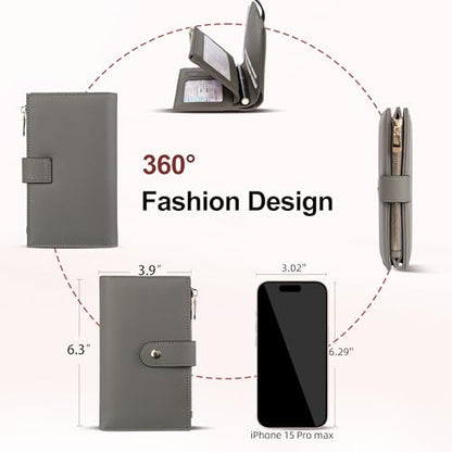 yiijay Women's Wallet RFID Blocking Leather Trifold Clutch Wallet Credit Card Holder Ladies Travel Wallet Purse with Passport/Pen Holder - color: 1Light Grey