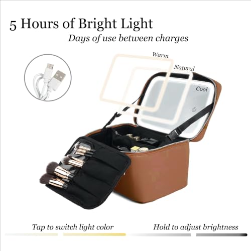 Travel/Daily Makeup Bag/Cosmetic Case with Detachable LED Mirror - color: Caramel Brown