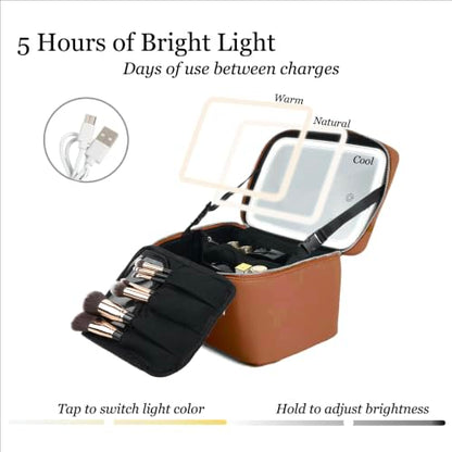 Travel/Daily Makeup Bag/Cosmetic Case with Detachable LED Mirror - color: Caramel Brown