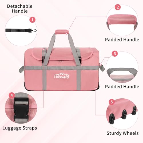 120L Foldable Rolling Duffel Bag with 3 Wheels and Handle (30 inch) - color: Pink