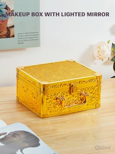 Qislee Makeup Box with Detachable Magnetic LED Mirror, Travel Train Case - color: Bling Gold, size: Small