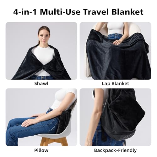 Packable Travel Throw Blanket, Black - color: Black