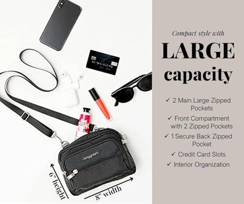Baggallini Triple Zip Small Crossbody Bag for Women - Lightweight Convertible Fanny Pack Belt Bag - color: Black With Sand Lining, style: Slim Strap