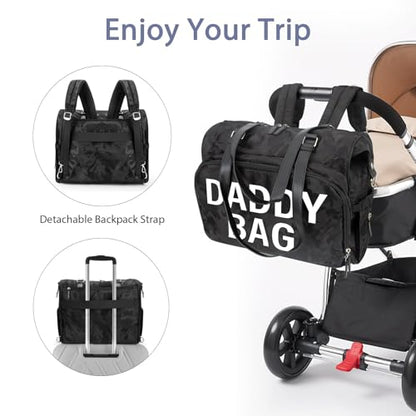 4 in 1 Convertible Daddy Bag Backpack, Camo Black Diaper Backpack for Dad and Mom, Father's Bag for Hospital with DADDY Imprint, Baby Care Diaper Backpack & Tote with 14 Pockets - color: Camo Black - Daddy Bag