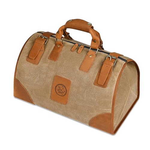 Water Resistant Canvas + Leather Travel Luggage Tote Duffle Gym Suitcase Weekender Overnight Bag For Men Male FB8151 (A-Brown) - color: Khaki