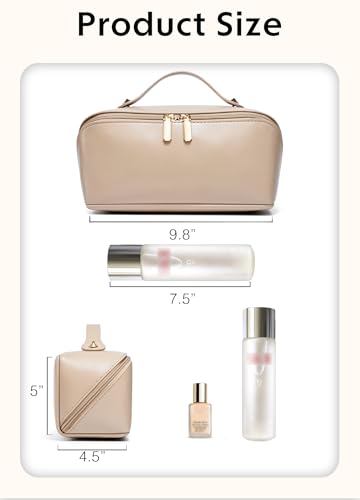 ALEXTINA Travel Makeup Bag, PU Leather Cosmetic Bag, Khaki - color: smooth khaki, size: Medium