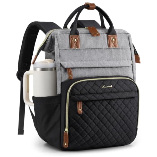LOVEVOOK Laptop Backpack Women Quilted Teacher Nurse Work Backpack Purse - color: Black Gray, size: 17.3 inch-Cup