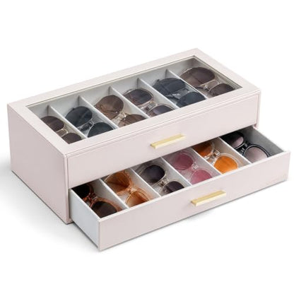 VLANDO 12-Slot Sunglasses Organizer Case with Clear Lid & 2 Drawers,Apricot - color: Apricot Pink, size: 2-layer