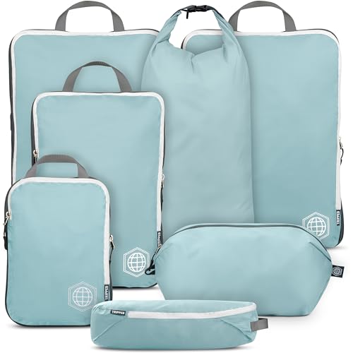 TRIPPED Travel Gear Large Compression Packing Cubes 7-Piece Set for Travel - color: DustyTeal/White