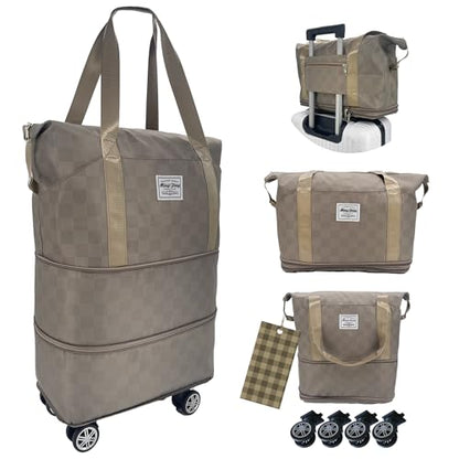 Expandable duffel bag,carry-on large bag with wheels(KHAKI Check) - color: KHAKI
