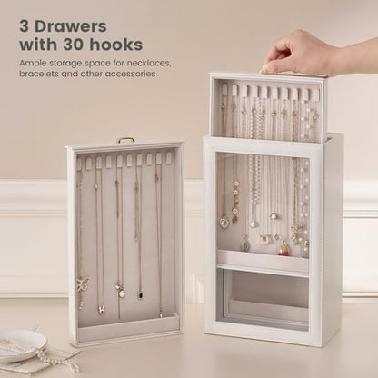 Lolalet Necklace Organizer Box, Jewelry Display Case, White, 3 Layers - color: White, size: 3 Layers, 30 Hooks