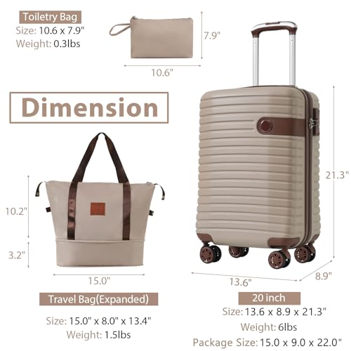 Merax 3-Piece Luggage Set, 20-Inch Carry-On Hardshell Suitcase with Wheels - color: Khaki, size: 3-piece set (20-inch)