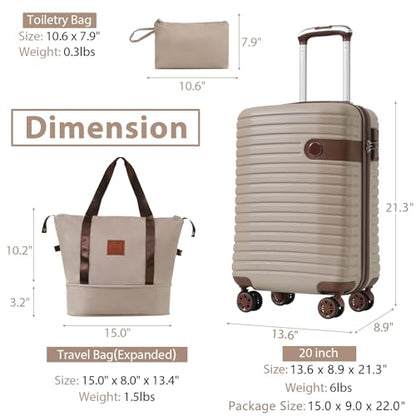 Merax 3-Piece Luggage Set, 20-Inch Carry-On Hardshell Suitcase with Wheels - color: Khaki, size: 3-piece set (20-inch)