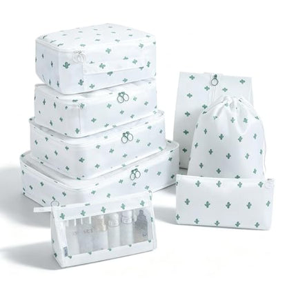 Luggage Packing Organizers Packing Cubes Set for Travel (white cactus) - color: white 8pc