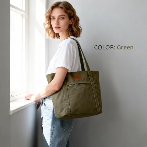 Light Canvas Shoulder Bag for Women Retro Bucket Tote - color: Green
