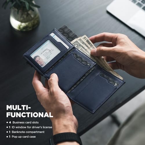 VULKIT Pop up Card Wallet Minimalist Cash Wallets RFID Blocking Leather Smart Credit Card Holder with ID window for Men - color: Top-Grain Cowhide Blue