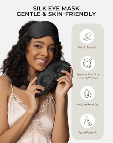 SilkSilky 100% 22 Momme Mulberry Silk Sleep Mask, Black - color: Black