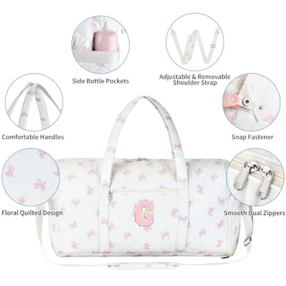 Personalized Quilted Duffle Bag for Travel Gym Weekender Hospital Carry On - color: Pink Bow, size: G