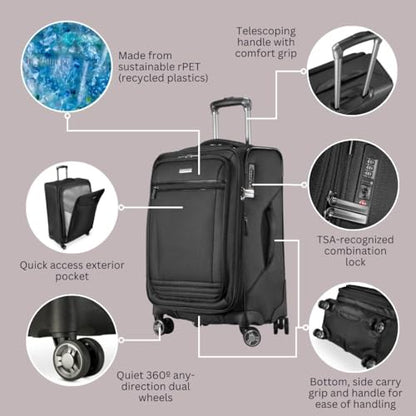 Ricardo Beverly Hills Avalon Softside 3-Piece Luggage Set Made with Sustainable 100% Recycled PET (rPET), Lightweight, Eco-Friendly Travel, Expandable, Dual Spinner Wheels, Black - color: Black, size: 3-Piece Set (20, 24, 28)