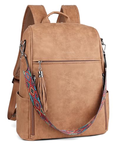 FADEON Leather Laptop Backpack for Women, 15.6 inch, Travel Work Bag - color: 2 Camel Brown Nubuck Style