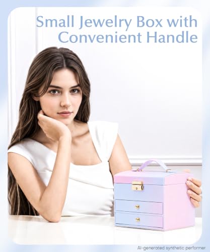 Homde Small Jewelry Box for Girls: 3-Layer Lockable Organizer (Blue-Pink) - color: Blue-Pink Gradient