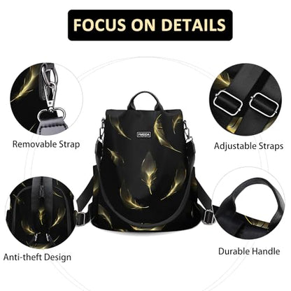 Fmeida Travel Backpack Purse for Women Anti Theft Convertible Backpacks Fashion Waterptoof Nylon Daypack Black Feather - color: Black Feather