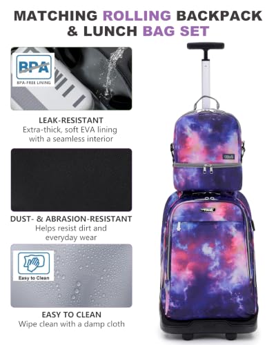 NEW TILAMI 19 Inch Rolling Backpack with Lunch Bag School, Purple Starry - color: Purple Starry