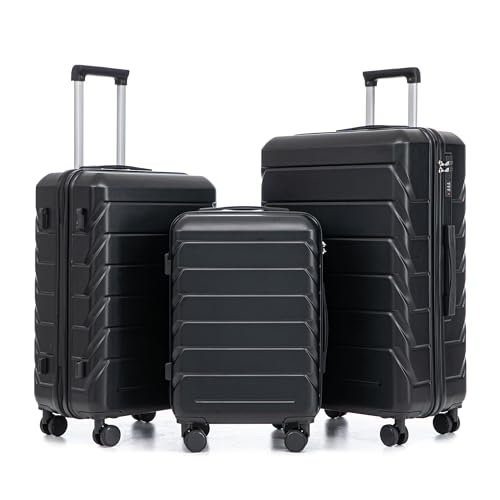 Merax 3 pcs/set in ABS Spinner Wheel Luggage Set, Carry on Suitcase - color: black/black