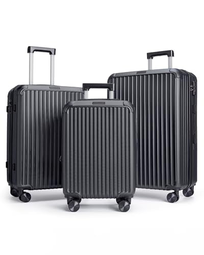 LIGHT FLIGHT 3 Pieces Luggage Sets with Spinner Wheels Hardshell TSA Lock - color: Black