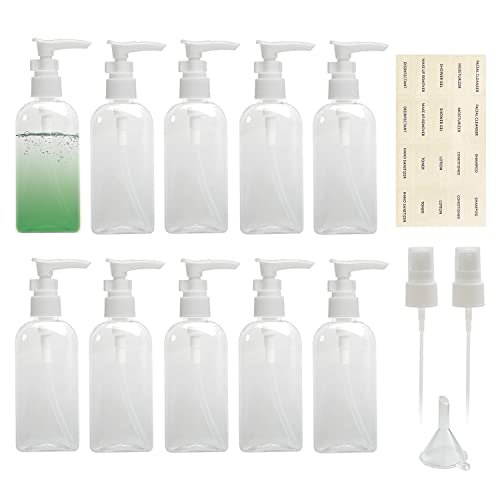 10pcs Travel Dispenser Set, 3.4oz Clear Plastic Bottles with Pump & Mist Sprayer & Small Funnel & Labels for Soap/Shampoo/Conditioner/Body Wash