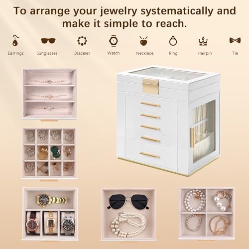 Homeanda Jewelry Boxes with Glass Lid, 6-Layer Large PU Leather, White - color: White, size: 6 Layer