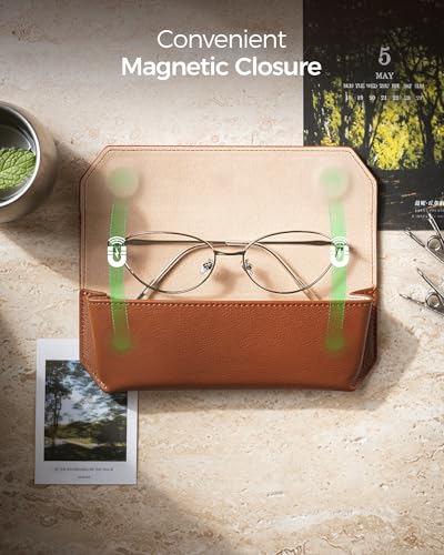 VULKIT Genuine Leather Glasses Case, Magnetic Closure Sunglasses Case, Eye Glasses Cases for Men & Women Spectacle Cases - color: Saddle Brown